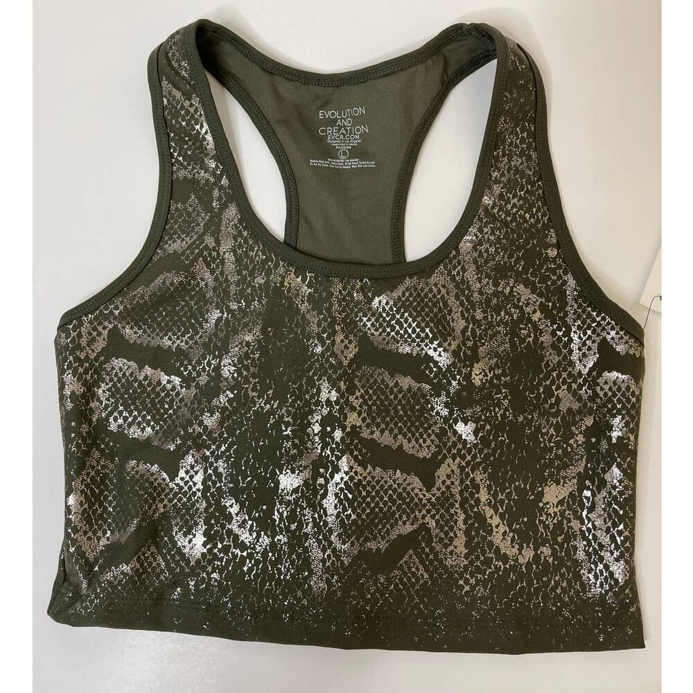 Evolution & Creation Womens Racerback Green Silver Snake Print Sports Bra NEW Sm
